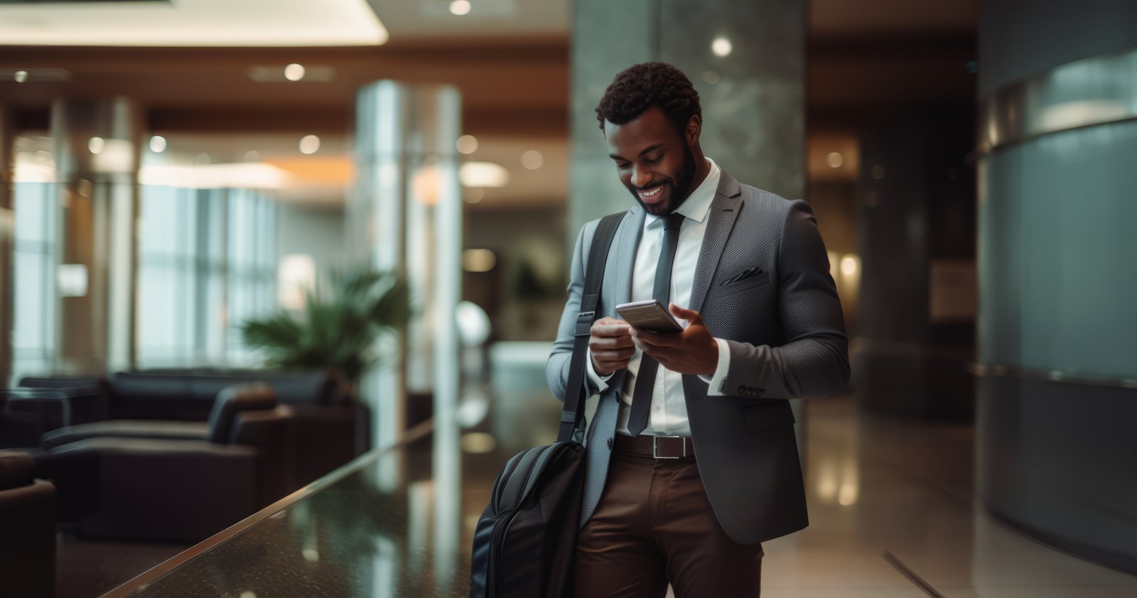 Business traveler using hotel app in lobby